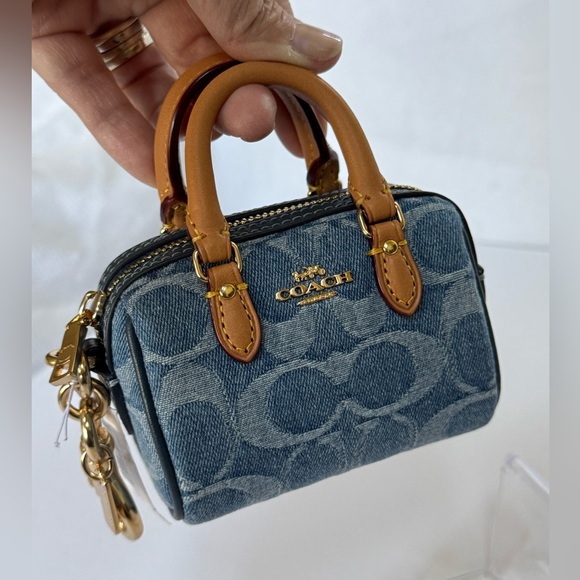 Coach Denim Blue Mini Bag Charm/Key chain  with Tan Leather handles NWT - Picture 6 of 9